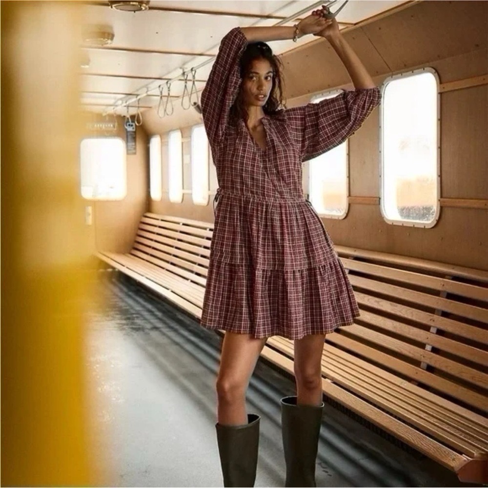 NEW Madewell Wrap Mini Dress Seersucker Brown Red  Size XS